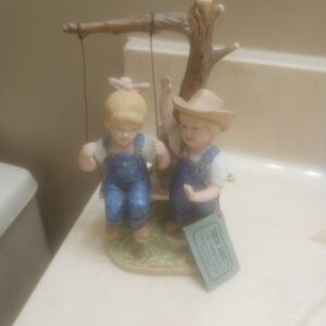 Homco Blue and Tan Children on Swing Figurine